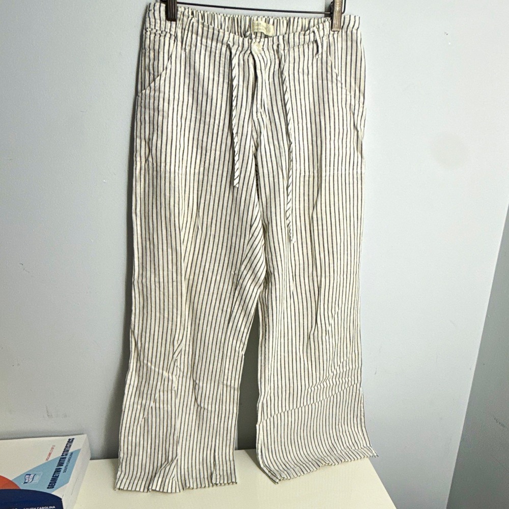 A New Day Womens M White/Black Striped Linen Cotton Wide-Leg Cropped Pants